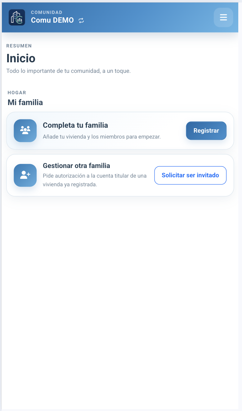 Botón para solicitar ser invitado a gestionar otra familia desde la pantalla de inicio.