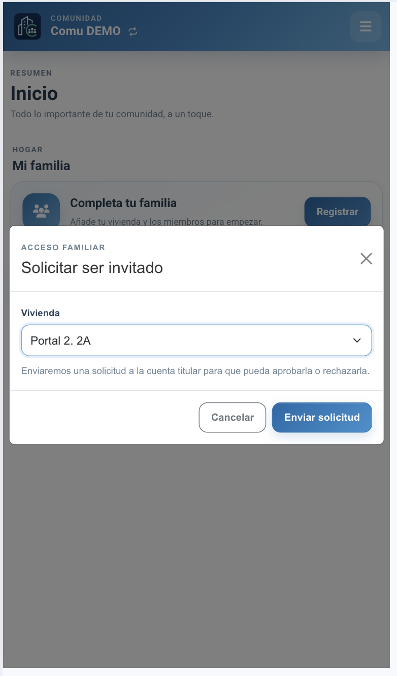 Selector de vivienda para enviar una solicitud de acceso familiar.