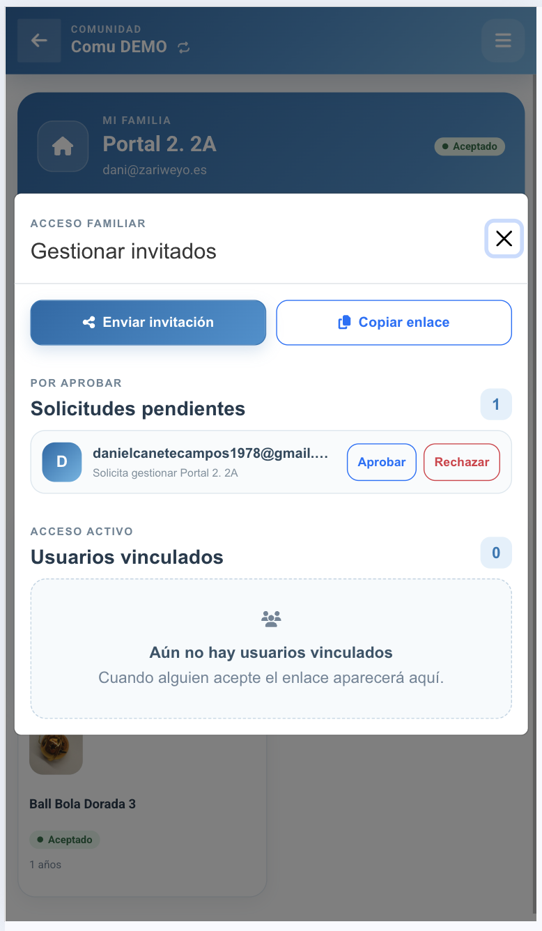 Modal de gestionar invitados con una solicitud pendiente.
