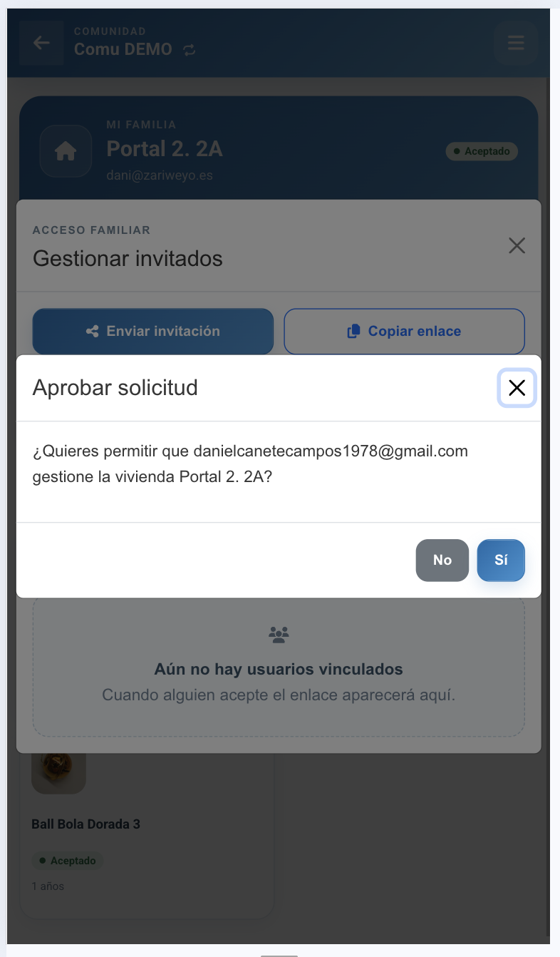 Confirmación para aprobar una solicitud de acceso familiar.