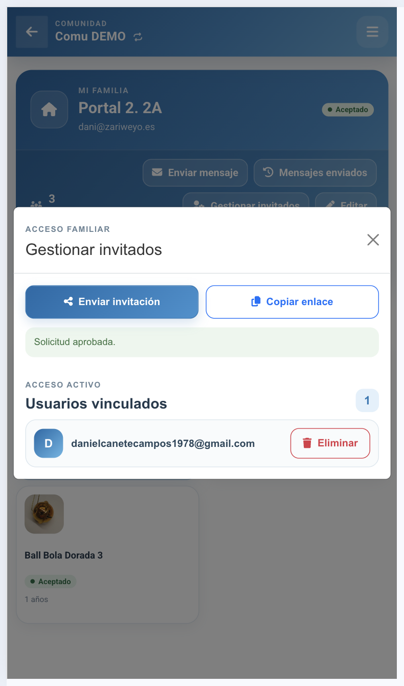 Listado de usuarios vinculados tras aprobar la solicitud.